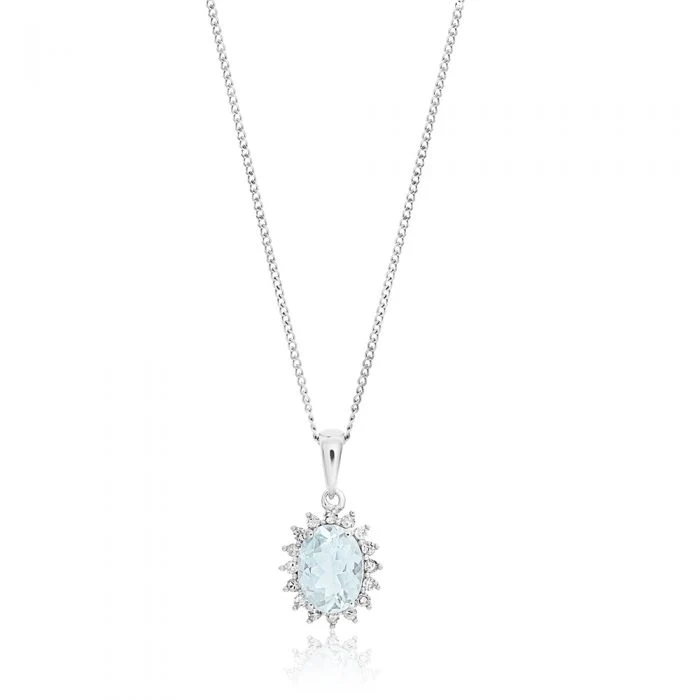 9ct White Gold Aquamarine + Diamond Pendant With 45cm Chain