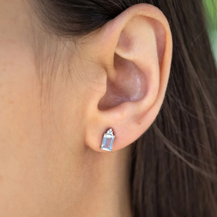 9ct White Gold Aquamarine Emerald Cut and Diamond Stud Earrings - Image 2