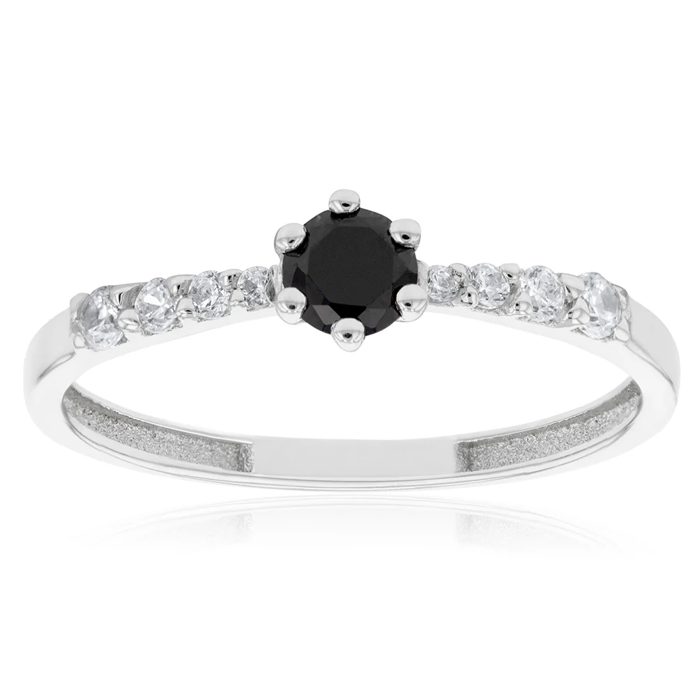 9ct White Gold Black Zirconia Solitaire Fancy Channel Ring
