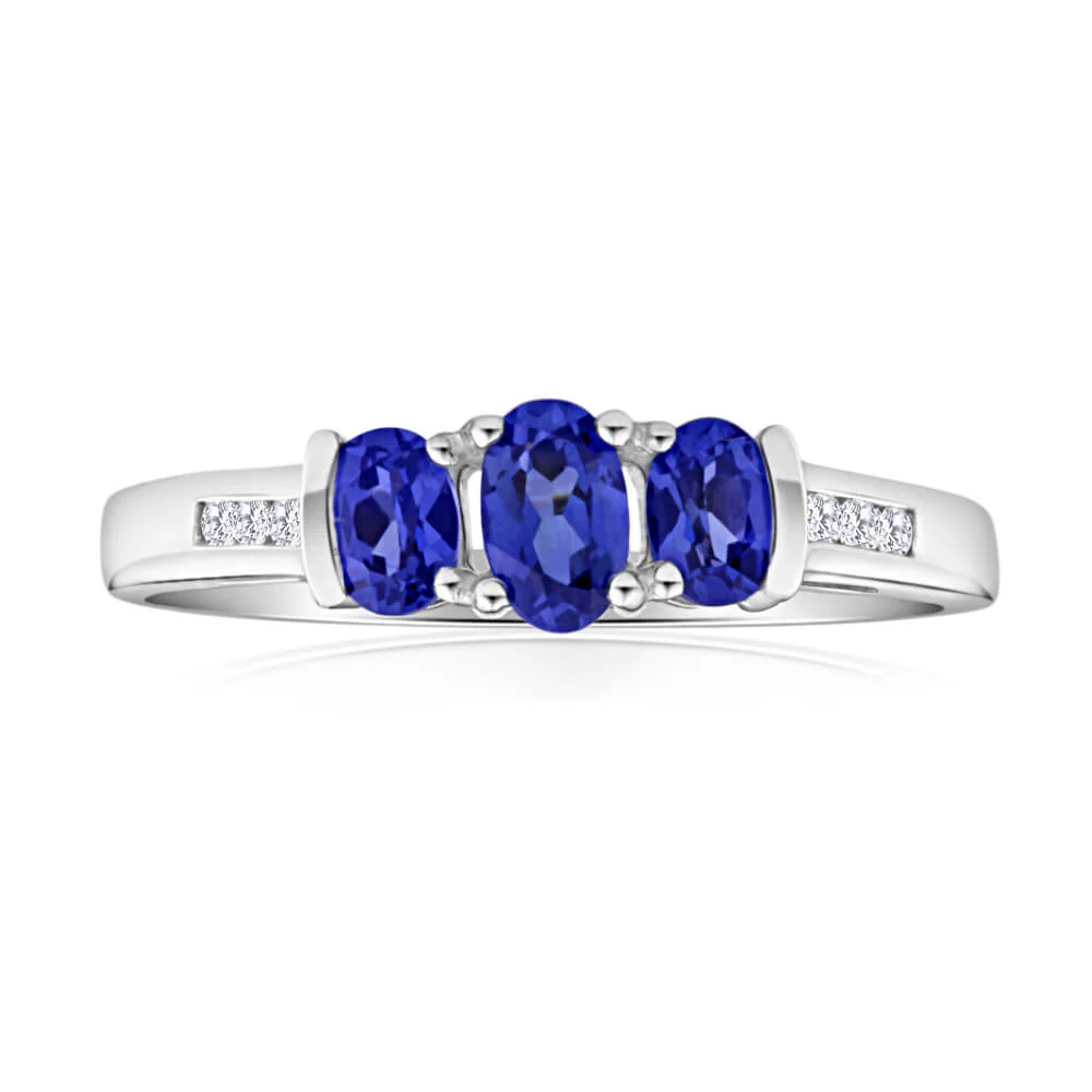 9ct White Gold Created Tanzanite Trio + Diamond Ring