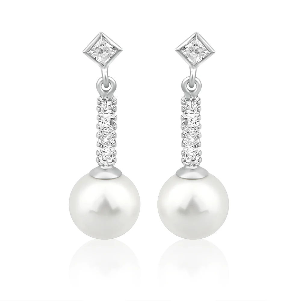 9ct White Gold Cubic Zirconia + Pearl Drop Earrings