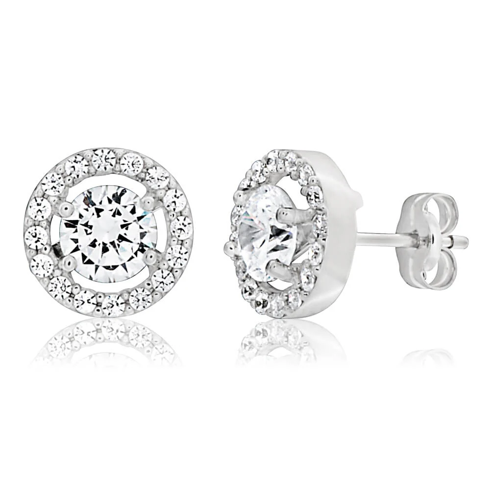 9ct White Gold Cubic Zirconia Round Halo Stud Earrings