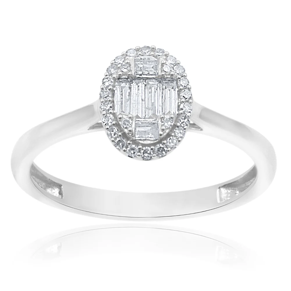 9ct White Gold Diamond Ring With 26 Brilliant and 6 Baguette Cut Diamonds