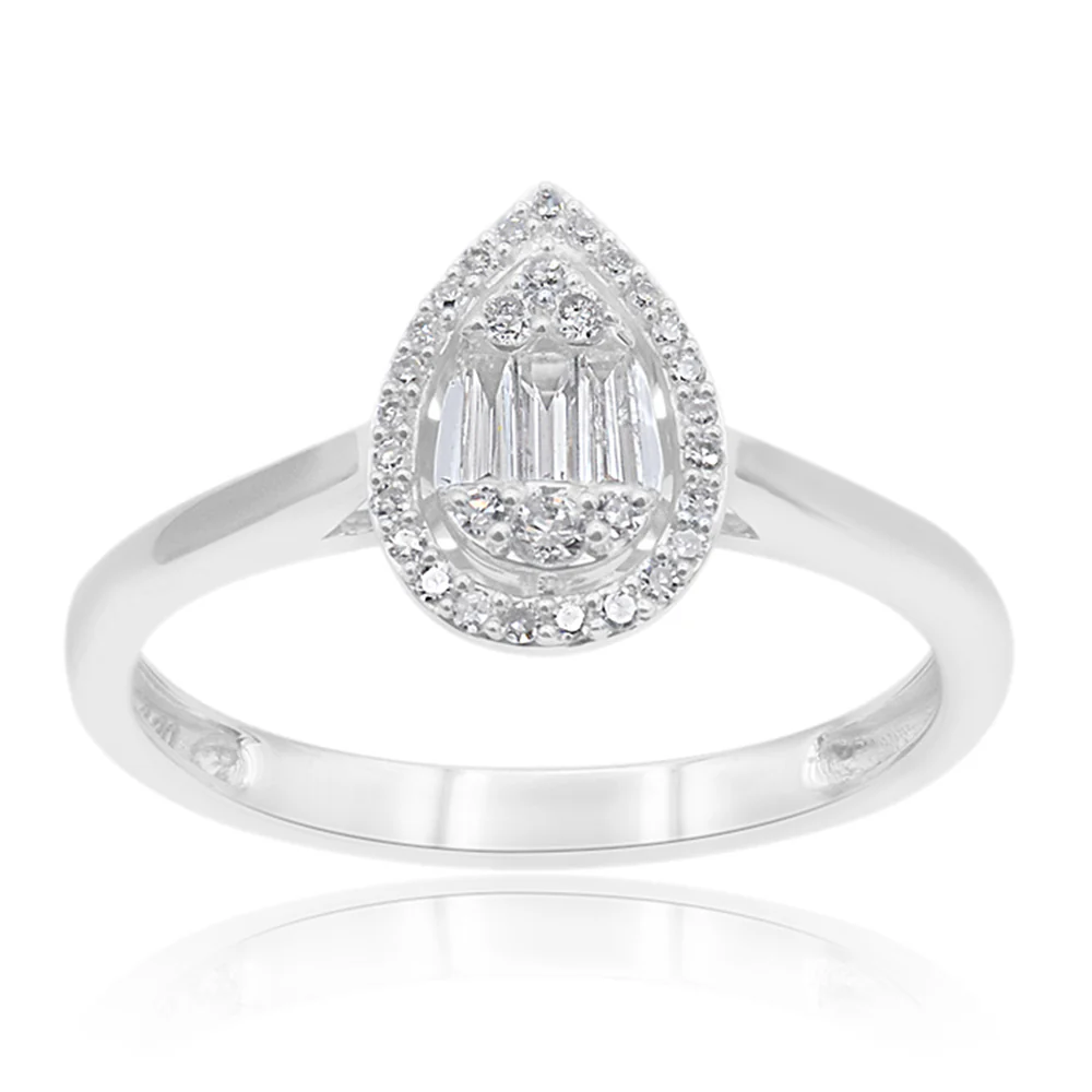 9ct White Gold Diamond Ring With 31 Brilliant and 3 Baguette Cut Diamonds