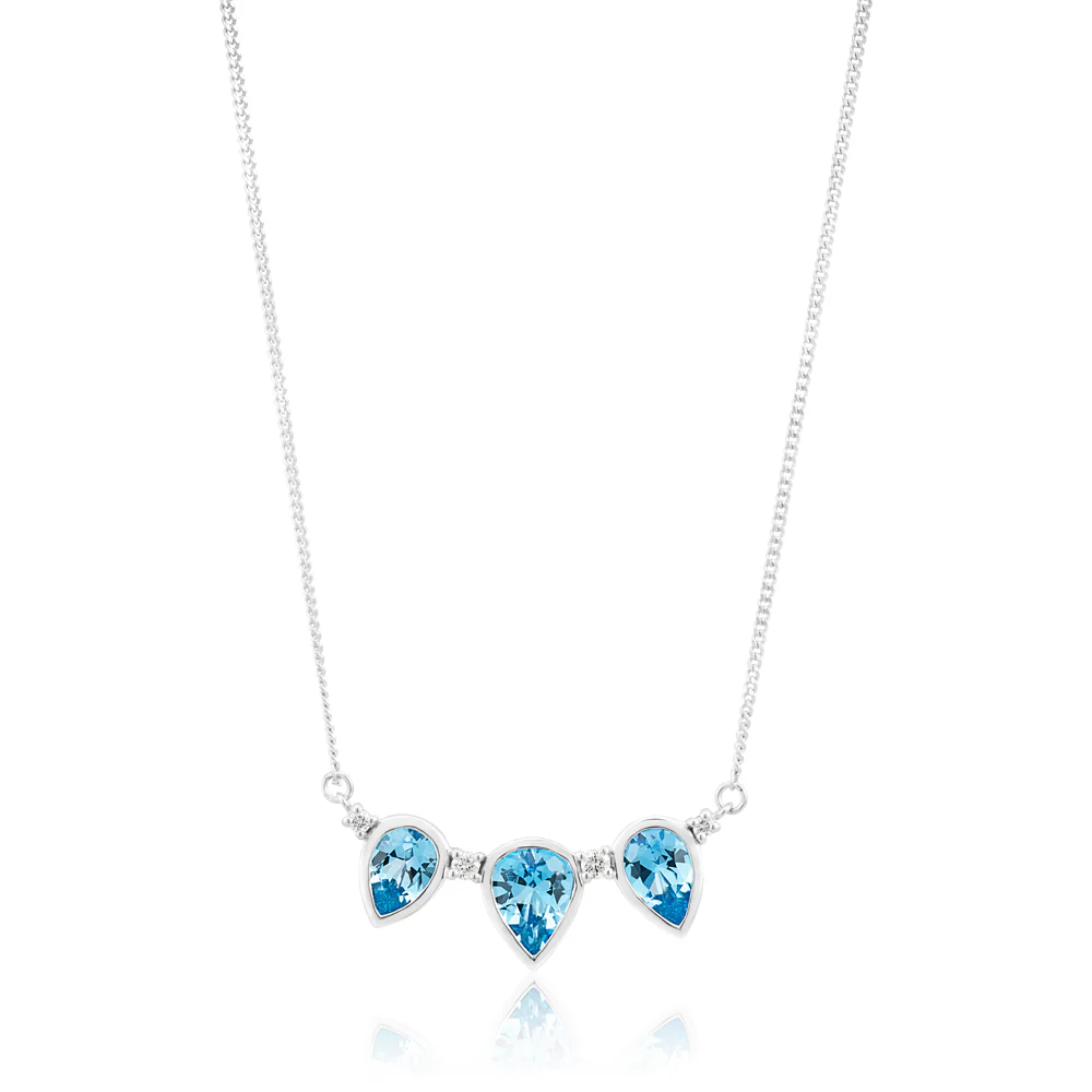 9ct White Gold Light Swiss Blue Topaz Teardrop Trio and Diamond Set Chain 40cm