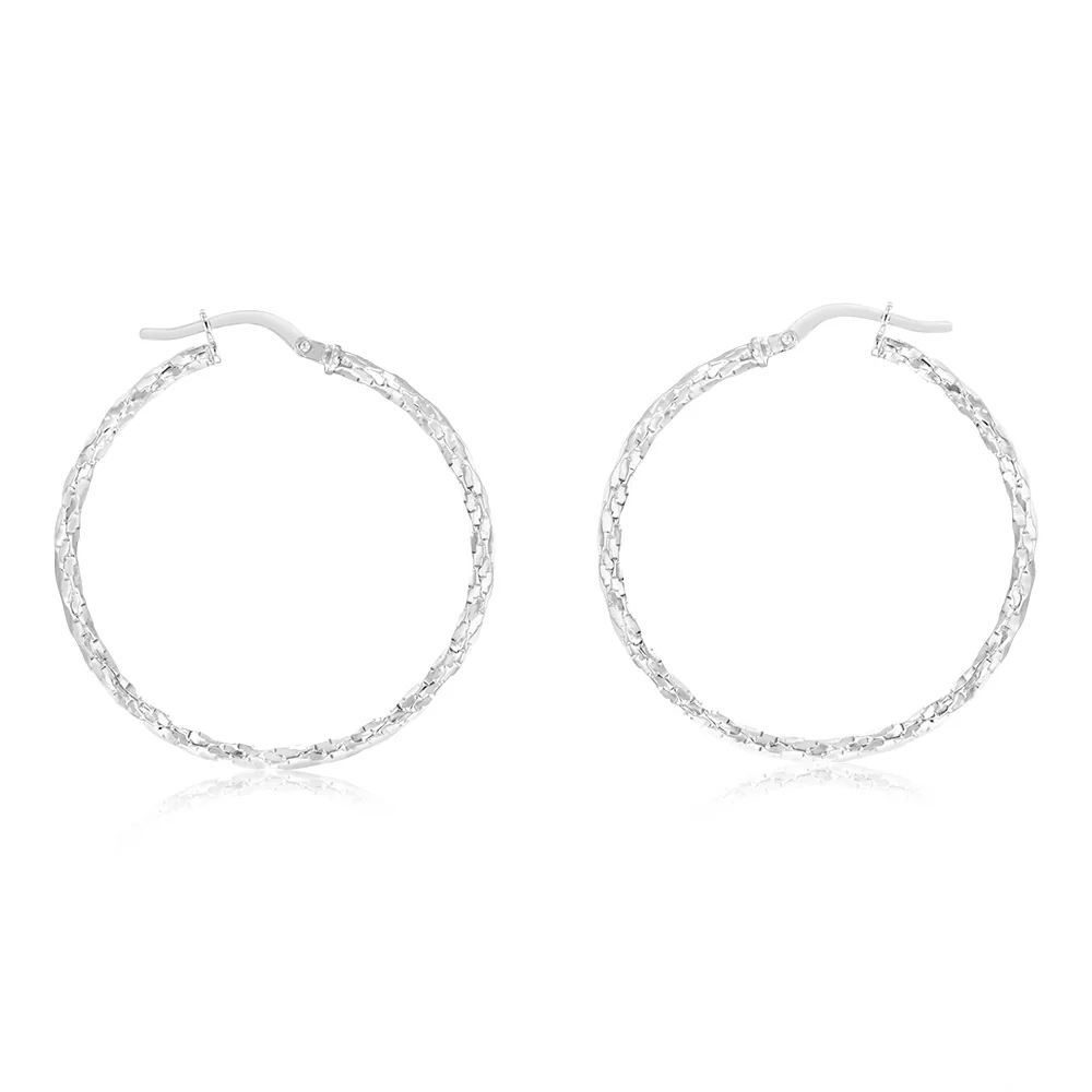 9ct White Gold Silver Filled Fancy Twisted 30mm Hoop Earrings