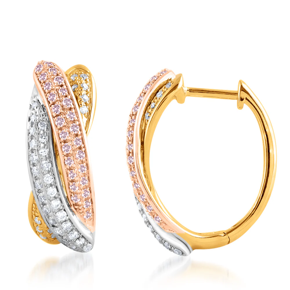 9ct White Yellow and Rose Gold 3/4 Carat Diamond Earrings With Pink Argyle Diamonds