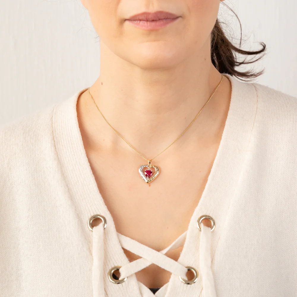 9ct Yellow And White Gold Created Ruby Heart Pendant - Image 2