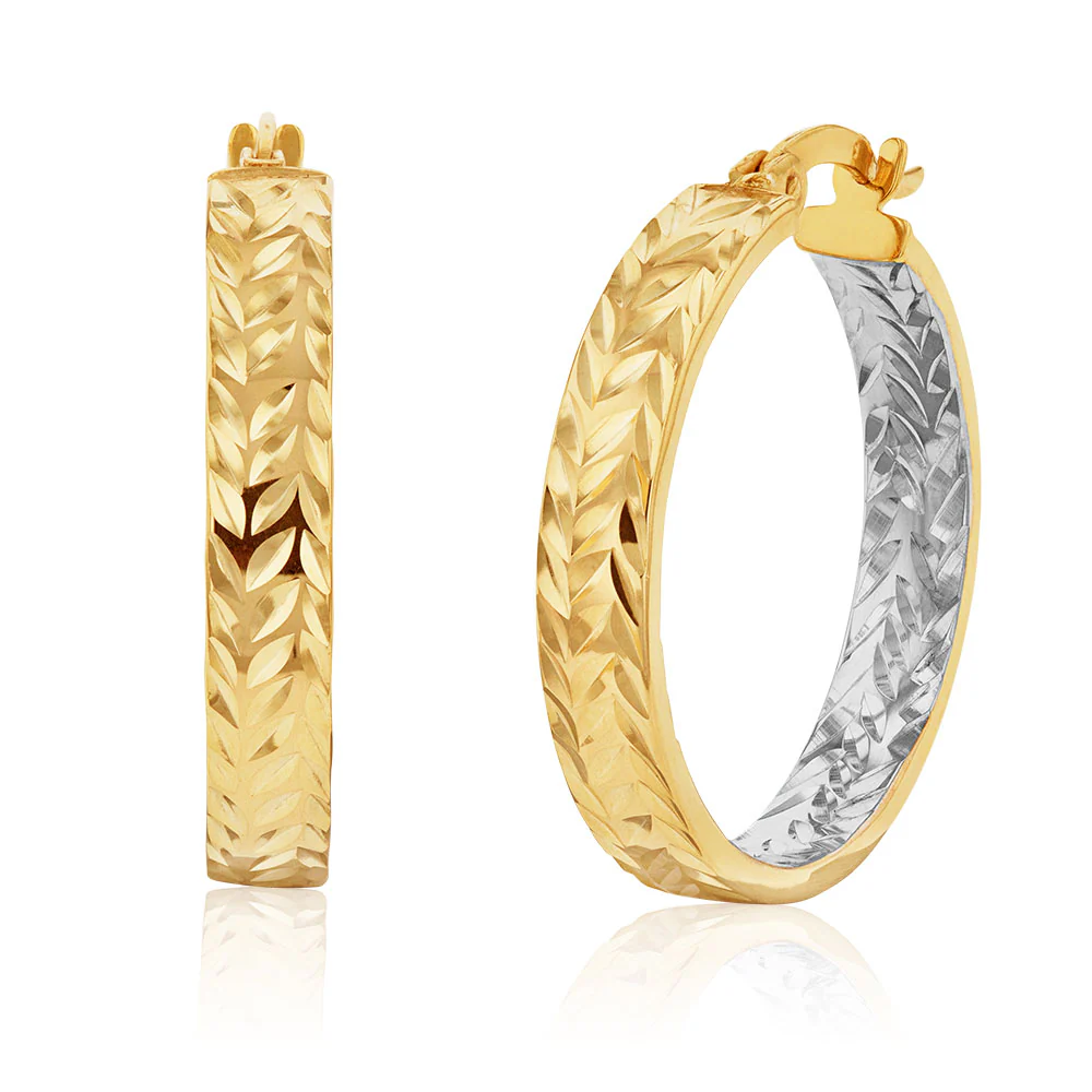 9ct Yellow And White Gold Silver Filled Double Side Diamond Cut 20mm Hoop Earrings