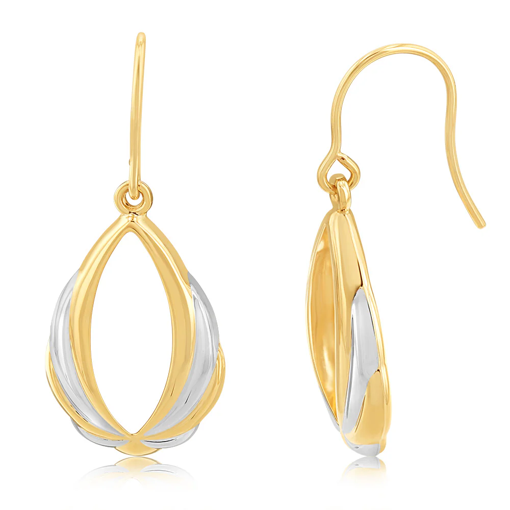 9ct Yellow And White Gold Twisted Pear Shaped Drop Earring