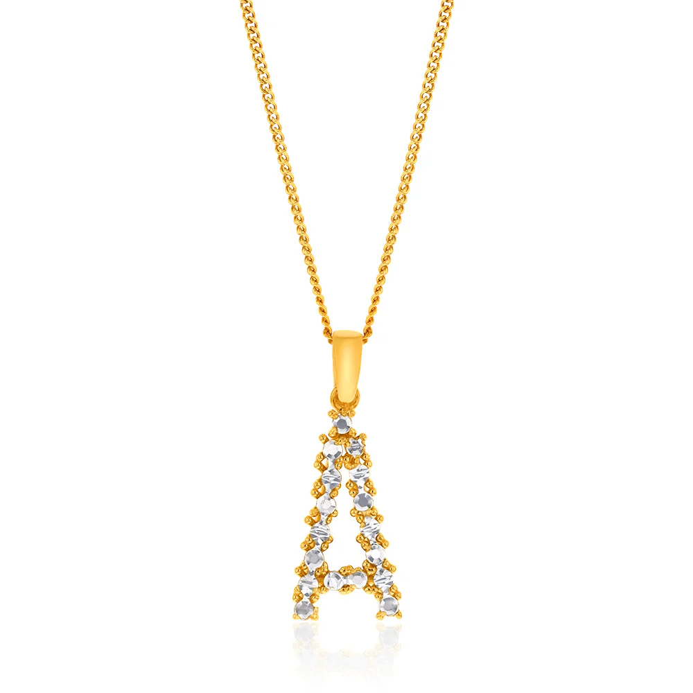 9ct Yellow And White Gold Two Tone Diamond Cut Initial "A" Pendant