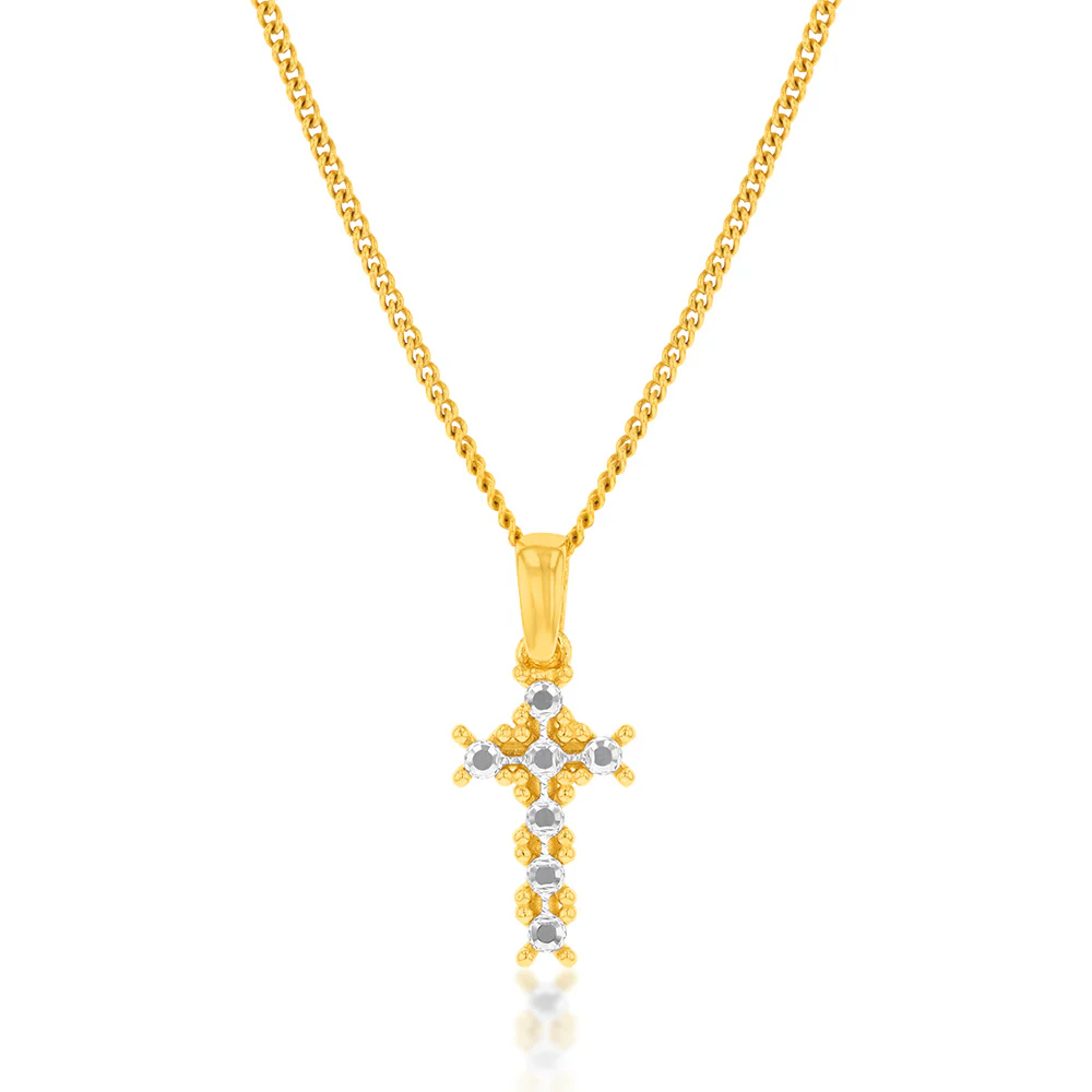 9ct Yellow And White Gold Two Tone Diamond Cut Small Cross Pendant