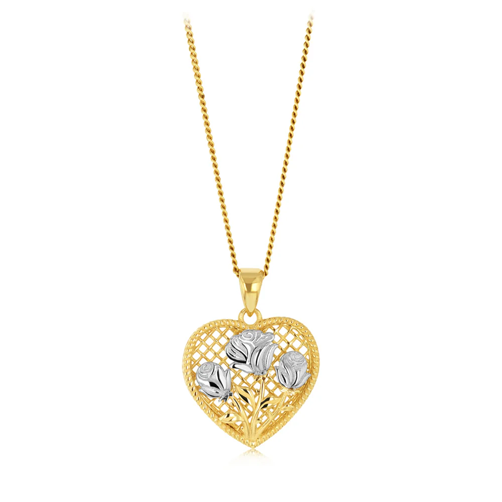 9ct Yellow And White Tone Gold Flowers Textured Heart Pendant