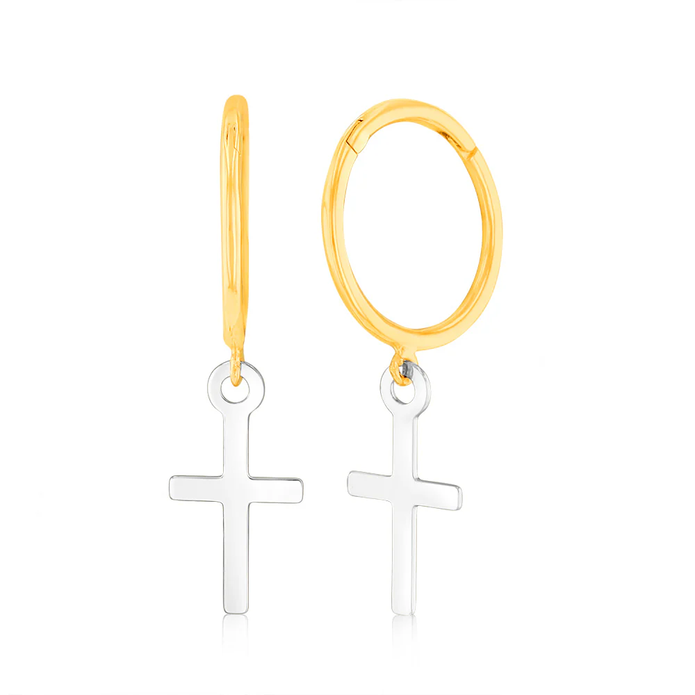 9ct Yellow And White Two Tone Gold Cross On Sleeper Earrings