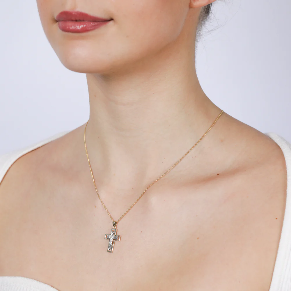 9ct Yellow And White Two-Tone Gold Diamond Cut 20mm X 15mm Cross Pendant - Image 2