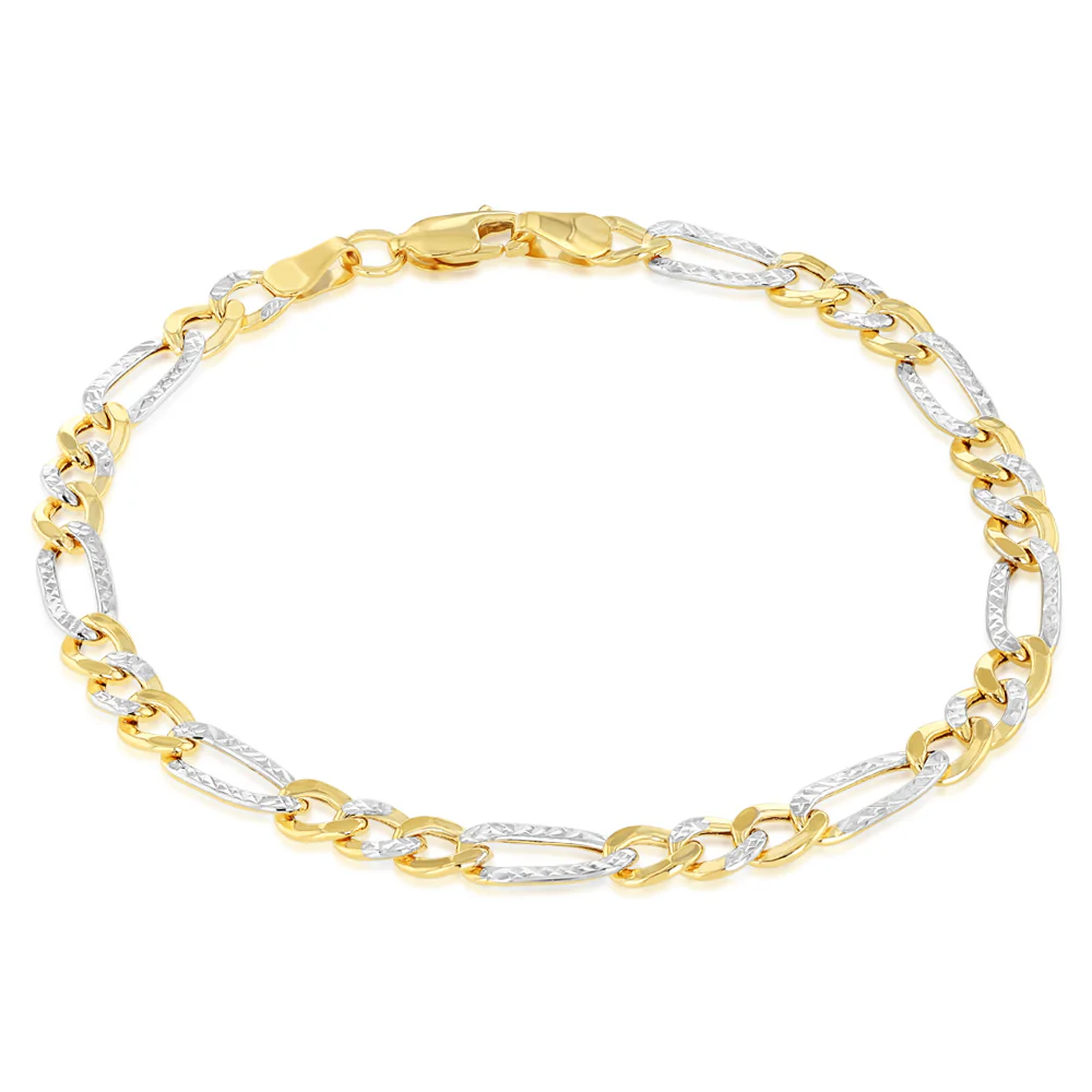 9ct Yellow And White Two-Tone Gold Diamond Cut Hollow 19cm Figaro Bracelet