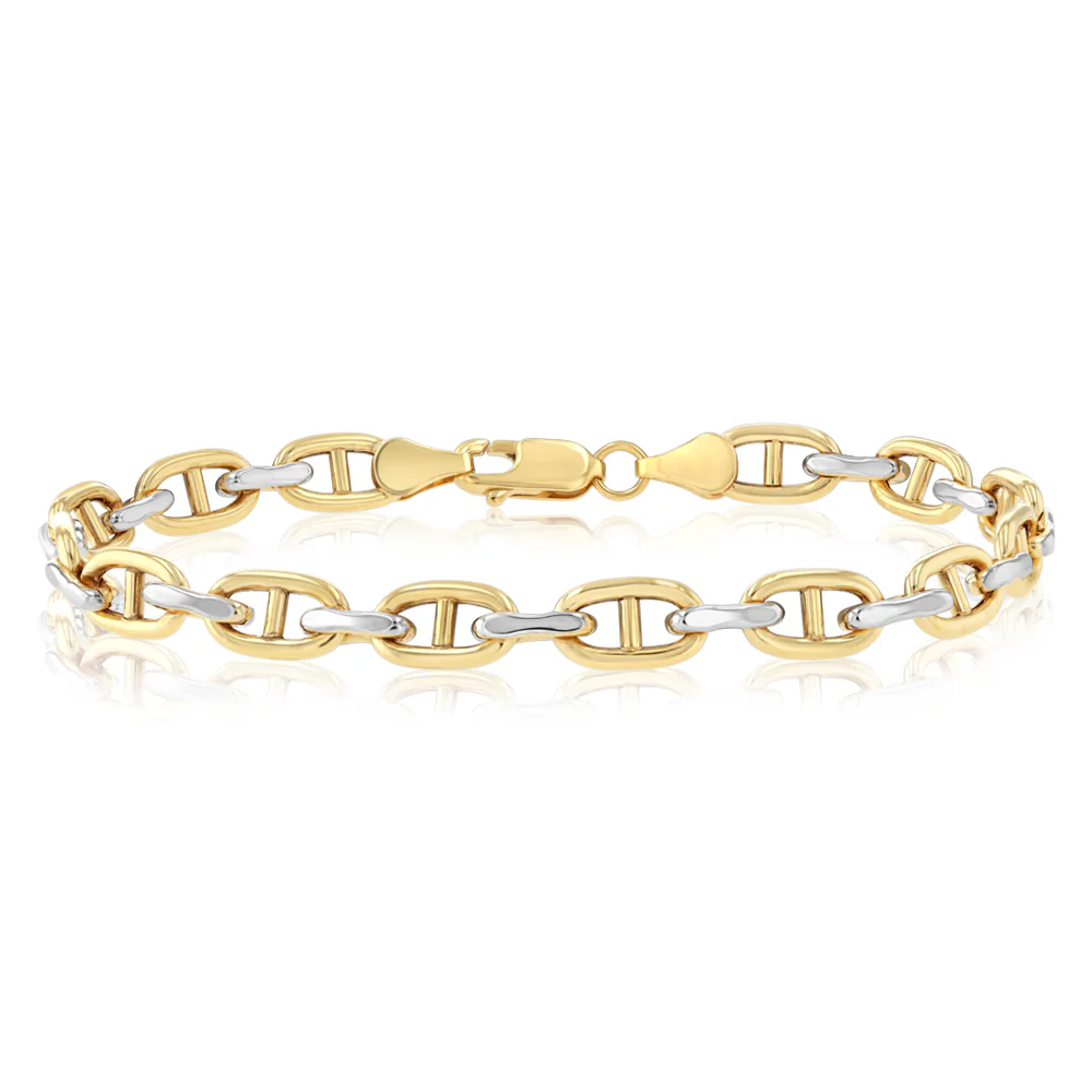9ct Yellow And White Two-Tone Gold Link Chain Hollow 19cm Bracelet