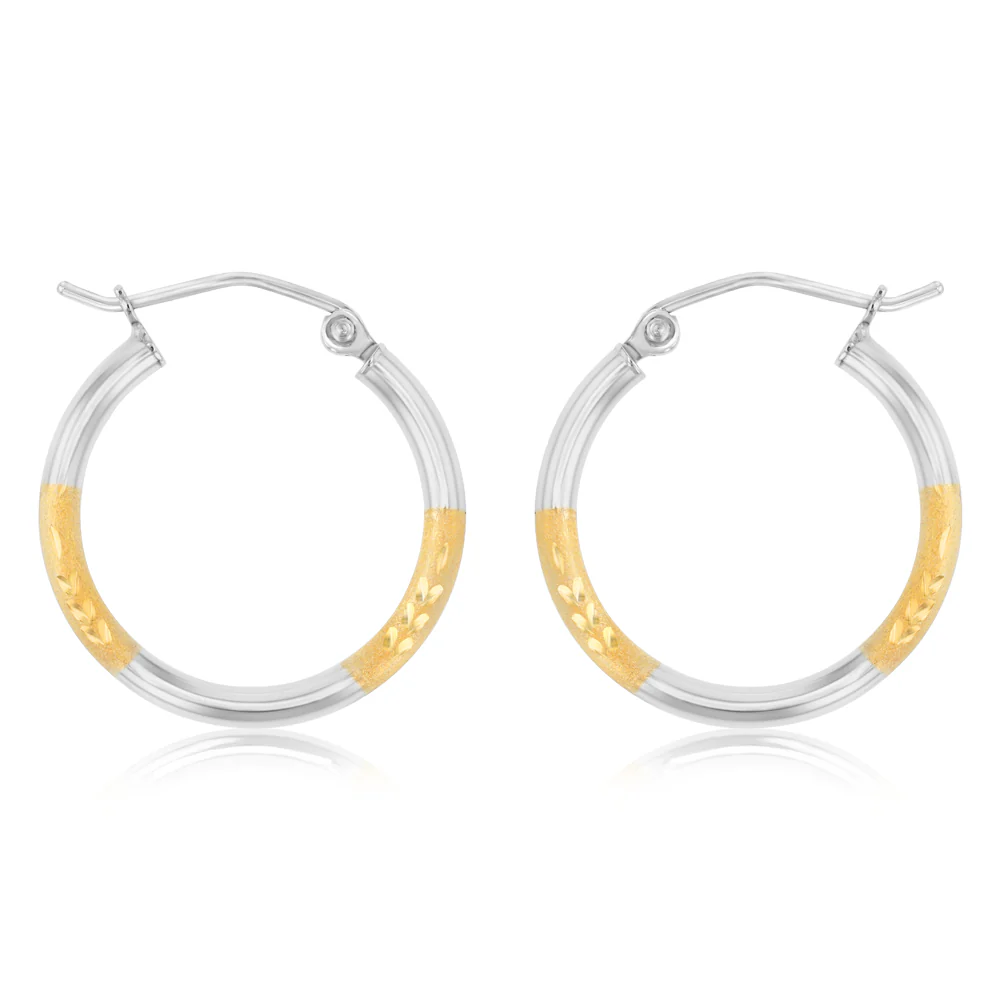 9ct Yellow And White Two Tone Gold Silverfilled Diamond Cut 2 X 20mm Hoop Earrings