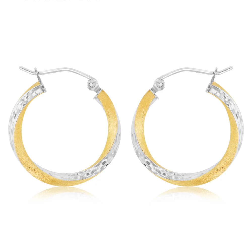 9ct Yellow And White Two Tone Gold Silverfilled Diamond Cut Hoop Earrings
