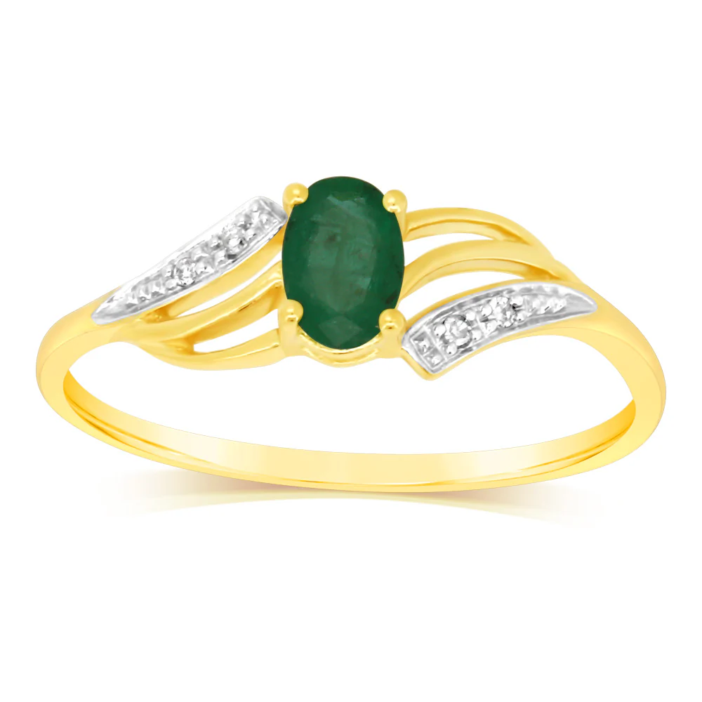 9ct Yellow Gold 0.55 Carat Natural Emerald & Diamonds Ring - Image 2