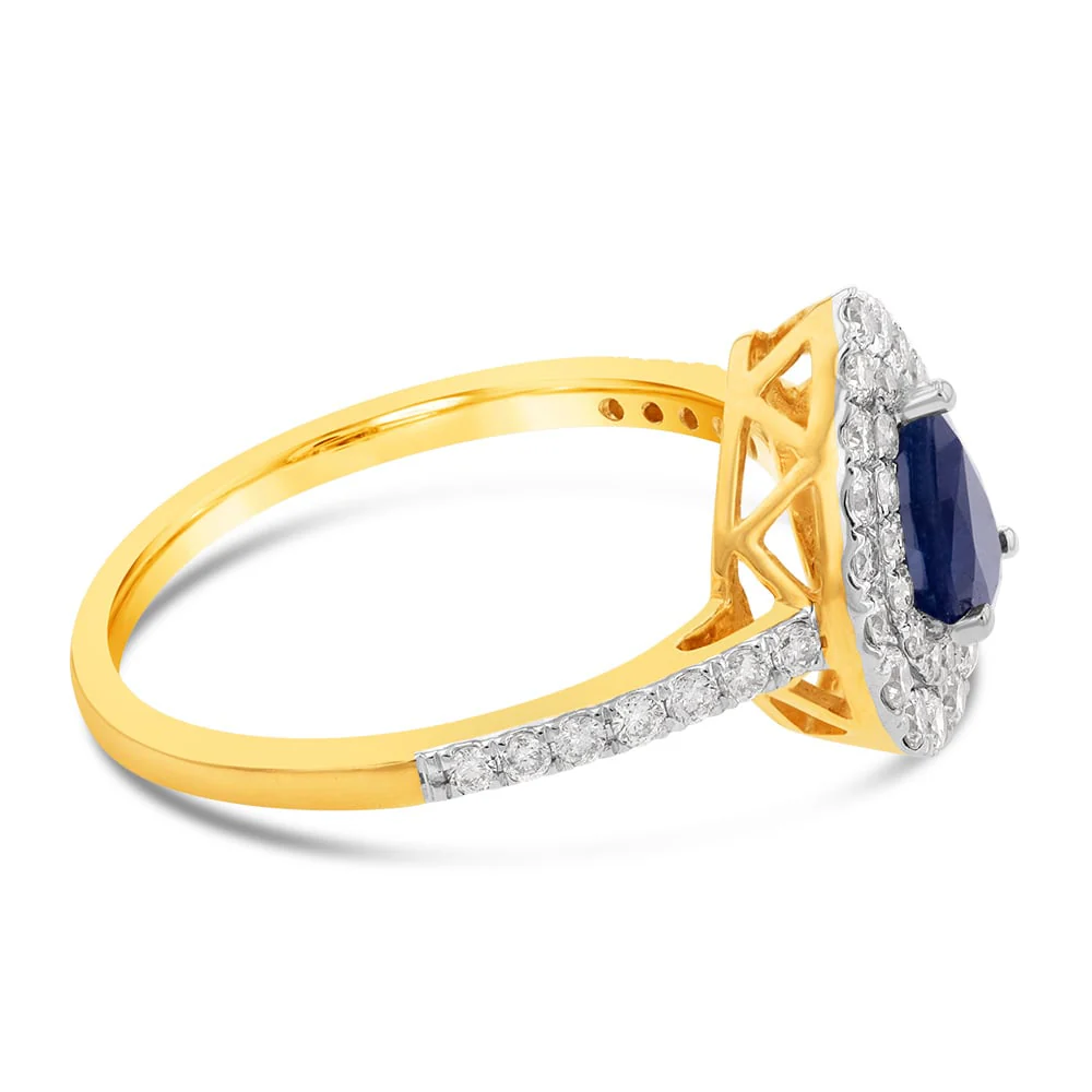 9ct Yellow Gold 0.59ct Natural Black Sapphire and 1/2ct Diamond Double Halo Pear Ring - Image 2