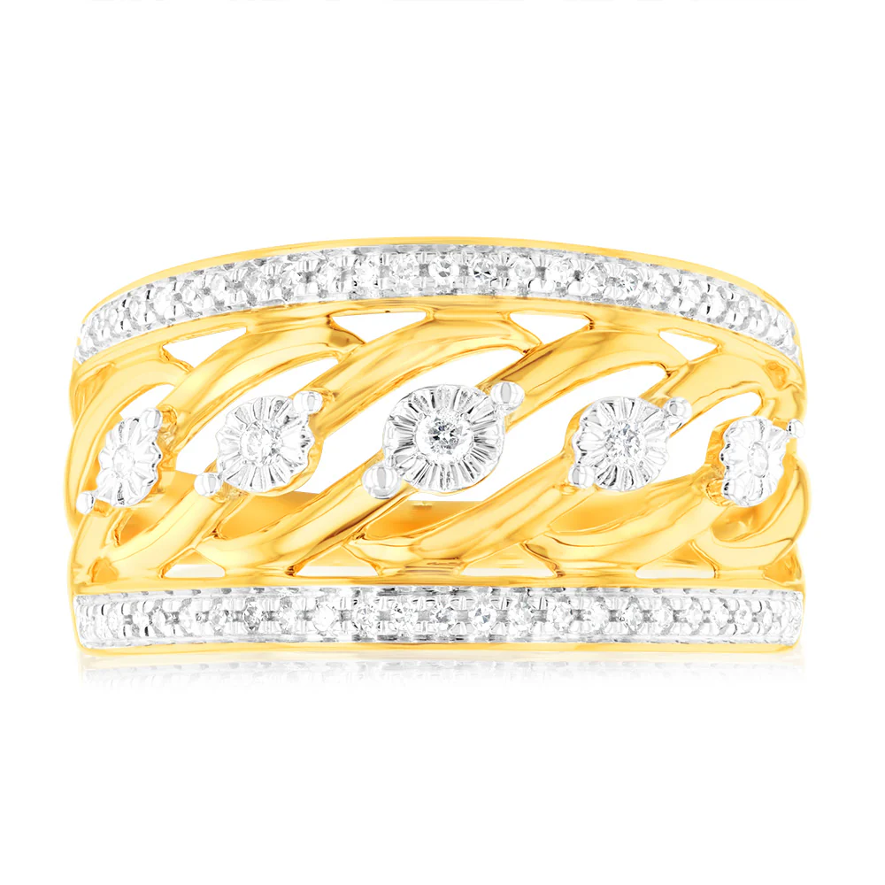 9ct Yellow Gold 1/10 Carat Diamond Ring set with 55 Round Brilliant Cut Diamonds in Disc Setting