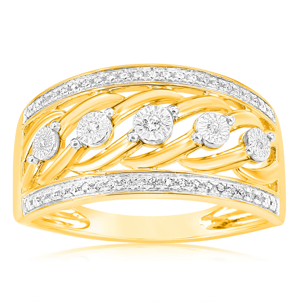 9ct Yellow Gold 1/10 Carat Diamond Ring set with 55 Round Brilliant Cut Diamonds in Disc Setting - Image 2