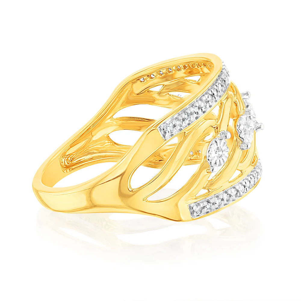 9ct Yellow Gold 1/10 Carat Diamond Ring set with 55 Round Brilliant Cut Diamonds in Disc Setting - Image 3