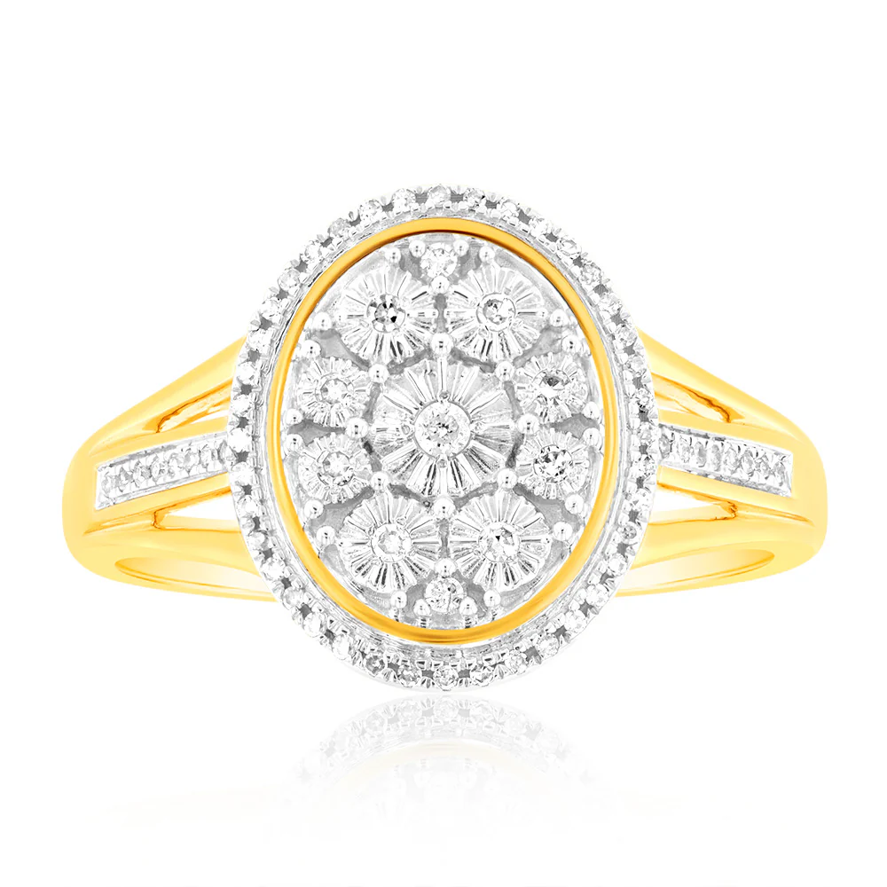 9ct Yellow Gold 1/10 Carat Diamond Ring set with 64 Round Brilliant Cut Diamonds
