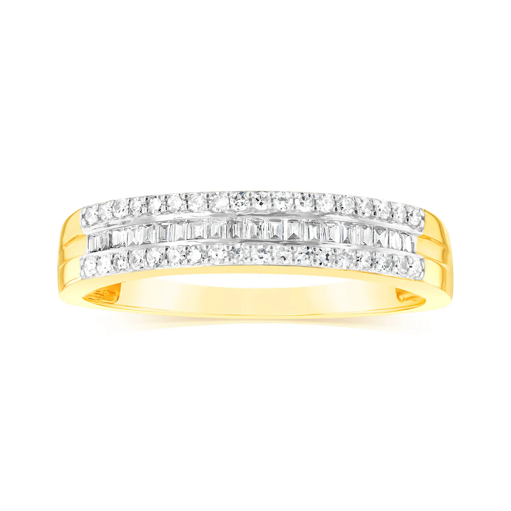 9ct Yellow Gold 1/3 Carat Diamond Ring with Channel Set Baguettes and Claw Set Round Brilliant Side Diamonds