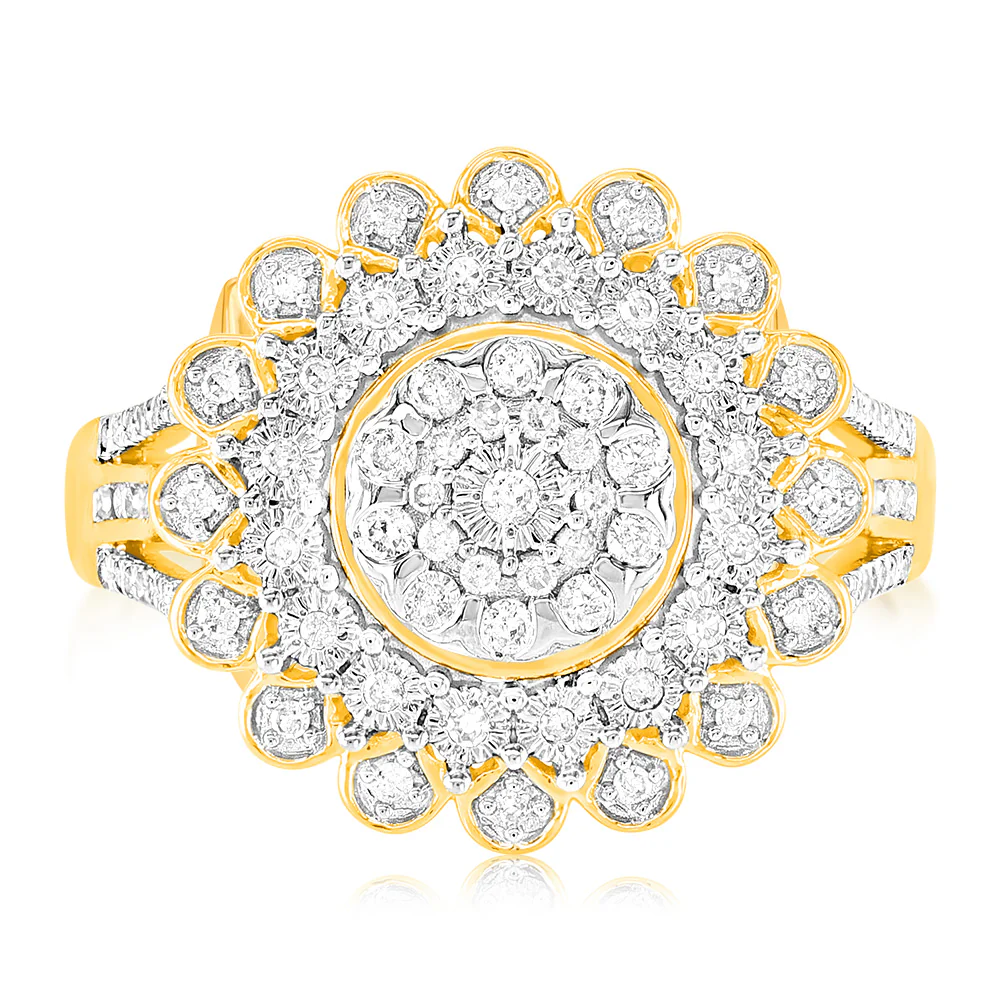 9ct Yellow Gold 1/4 Carat Diamond Ring with 91 Round Brilliant Cut Diamonds in Disc Setting