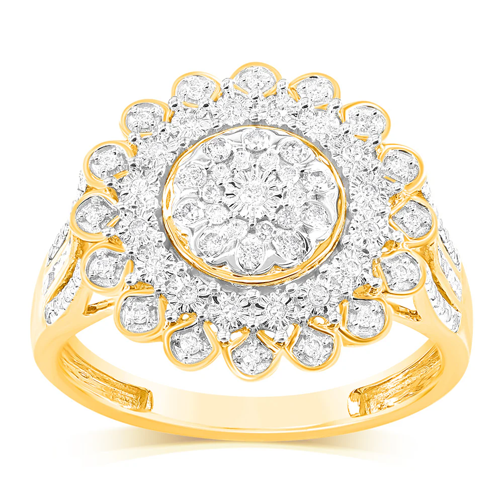 9ct Yellow Gold 1/4 Carat Diamond Ring with 91 Round Brilliant Cut Diamonds in Disc Setting - Image 2