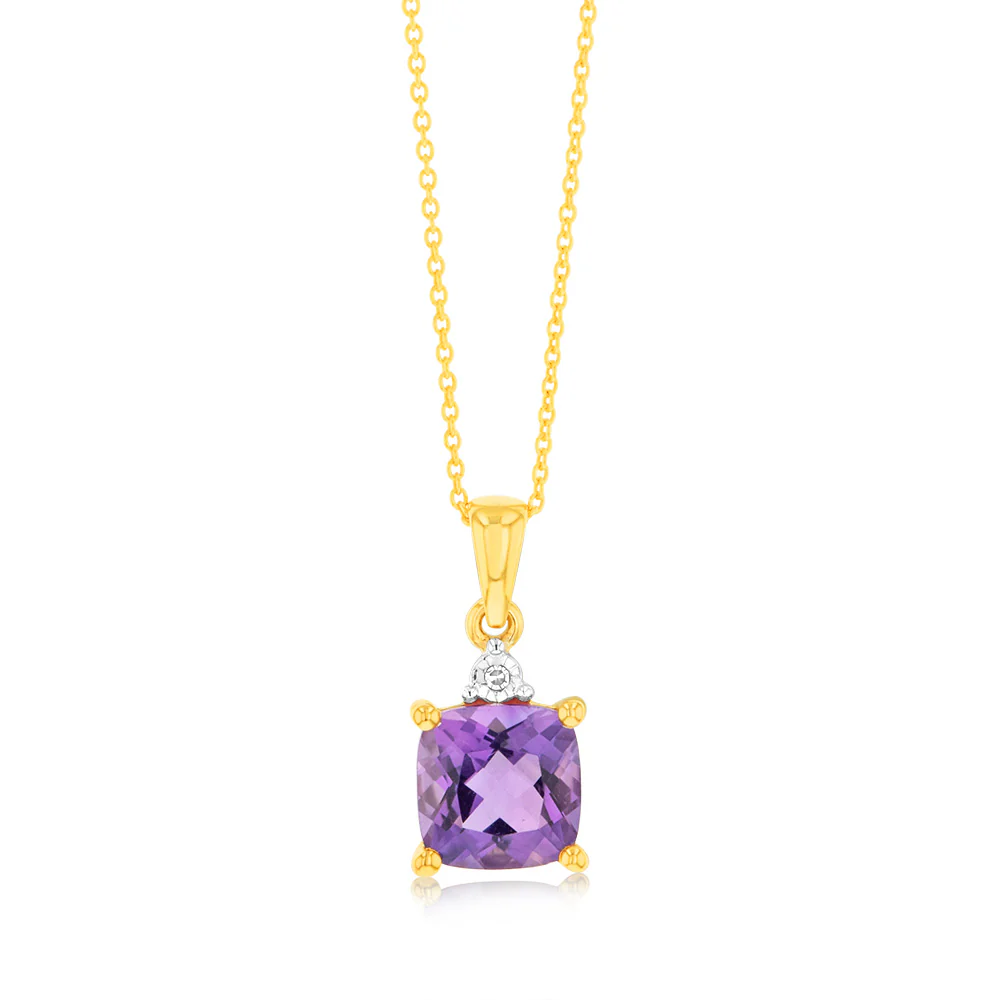 9ct Yellow Gold 1.4ct Amethyst and Diamond Pendant