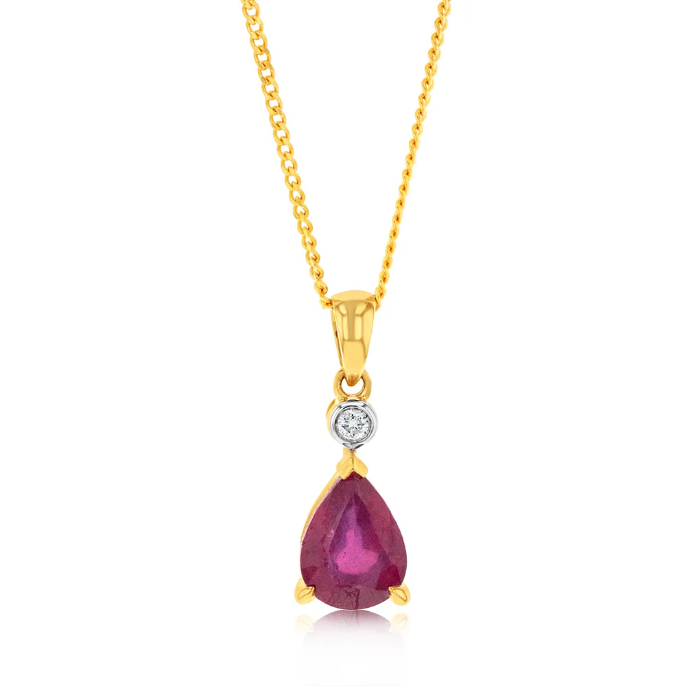9ct Yellow Gold 1.50ct Natural Enhanced Ruby and Diamond Pendant on 9ct 45cm Chain