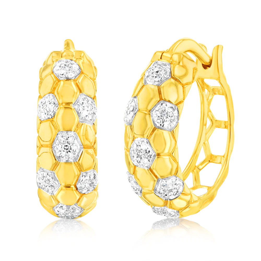 9ct Yellow Gold 1/6 Carat Diamond Hoop Earrings set with 98 Round Brilliant Cut Diamonds