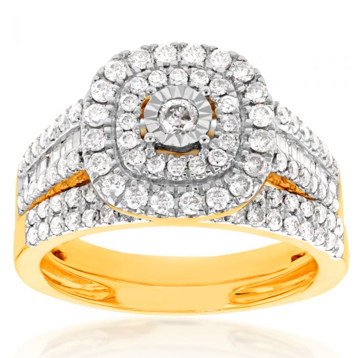 9ct Yellow Gold 1 Carat Diamond Cushion Shape Cluster Bridal 2-Ring Set