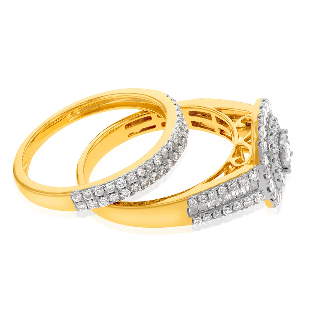 9ct Yellow Gold 1 Carat Diamond Cushion Shape Cluster Bridal 2-Ring Set - Image 2