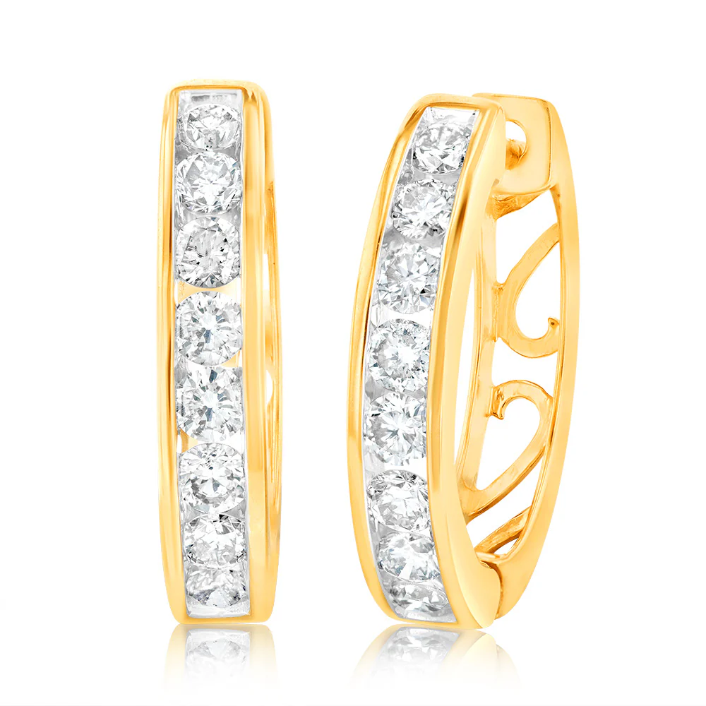9ct Yellow Gold 1 Carat Diamond Hoop Earrings