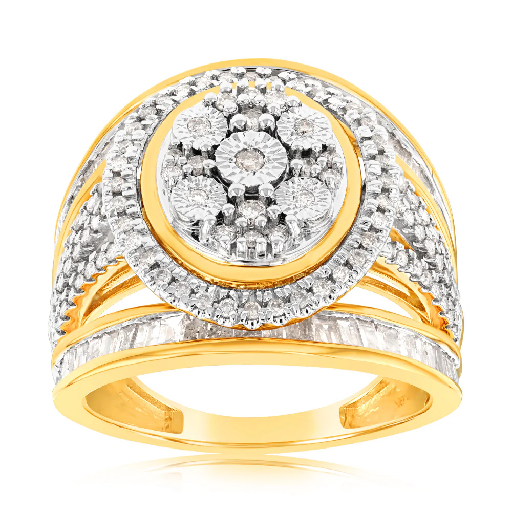 9ct Yellow Gold 1 Carat Diamond Oval Cushion Shape Cluster Dress Ring