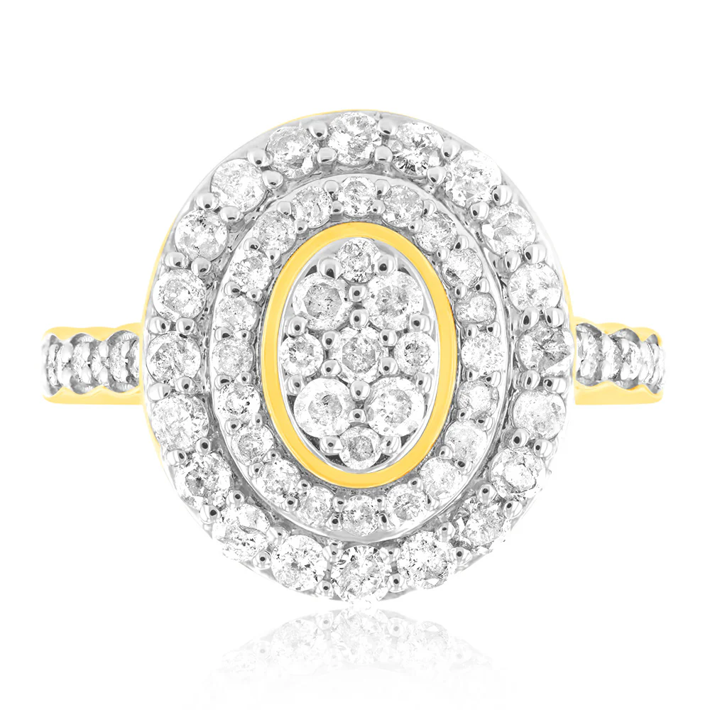 9ct Yellow Gold 1 Carat Diamond Oval Shape Cluster Ring