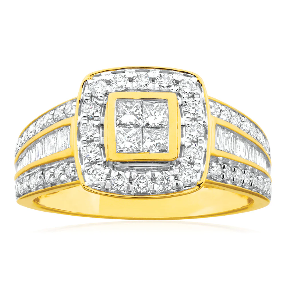 9ct Yellow Gold 1 Carat Diamond Ring Set with 76 Stunning Diamonds