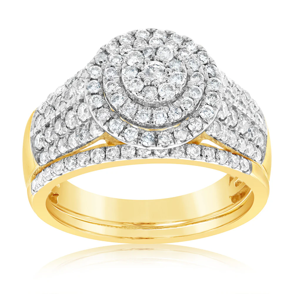 9ct Yellow Gold 1 Carat Diamond Round Shape Cluster Bridal 2-Ring Set