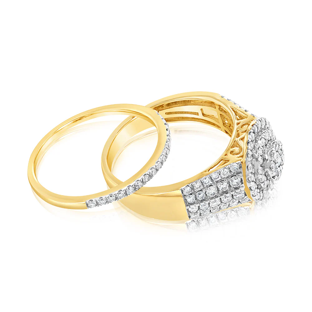 9ct Yellow Gold 1 Carat Diamond Round Shape Cluster Bridal 2-Ring Set - Image 2