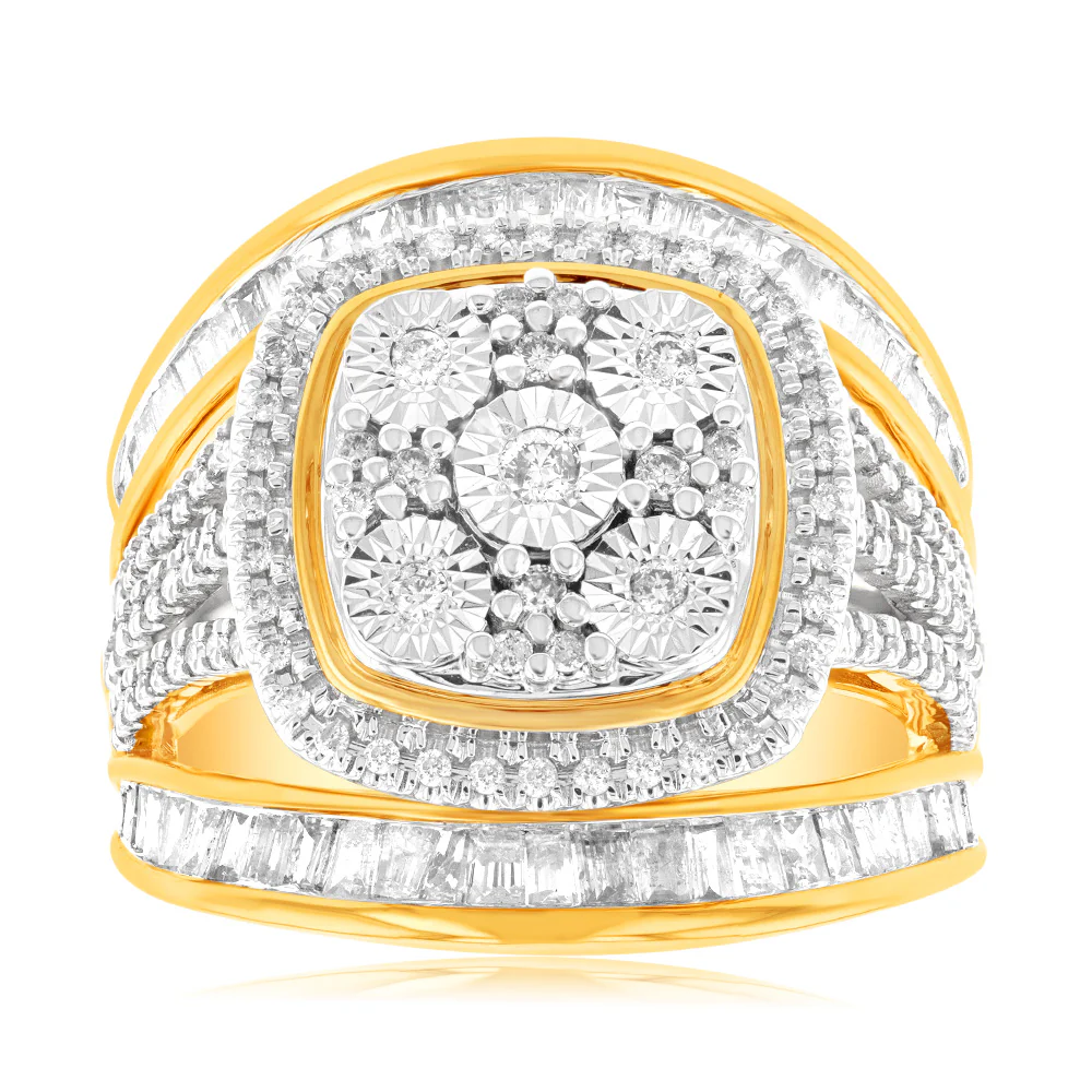 9ct Yellow Gold 1 Carat Diamond Square Cushion Shape Cluster Dress Ring