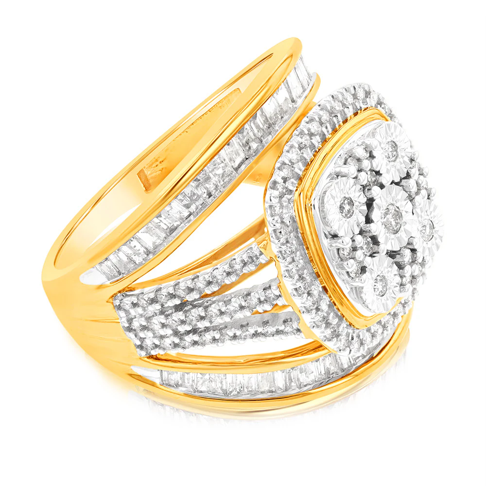 9ct Yellow Gold 1 Carat Diamond Square Cushion Shape Cluster Dress Ring - Image 2