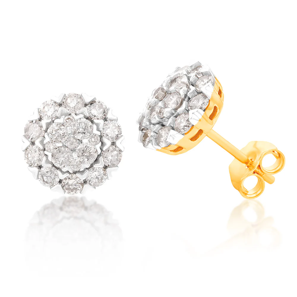 9ct Yellow Gold 1 Carat Diamond Stud Earrings with 38 Diamonds