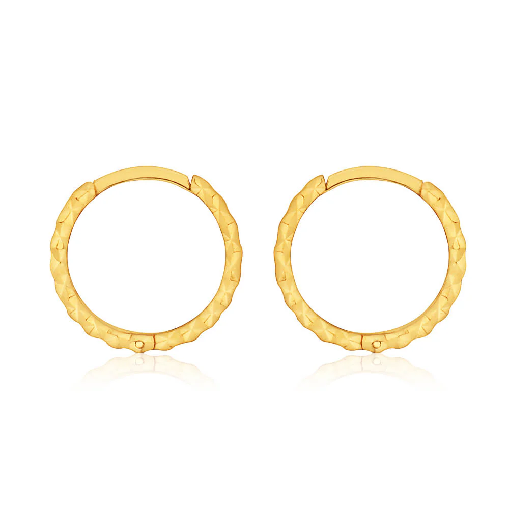 9ct Yellow Gold 12mm Dicut Hoop Earrings