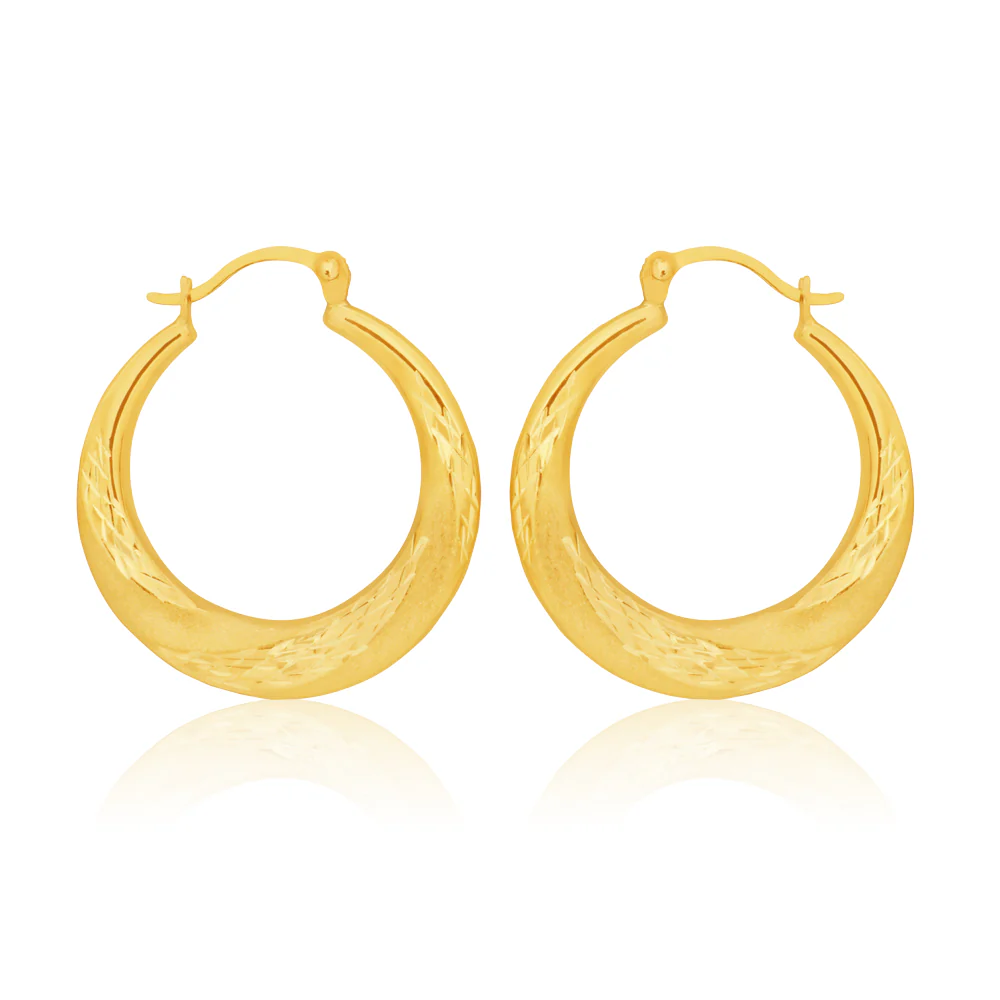 9ct Yellow Gold 15mm Creole With Diamond Cut Pattern Earrings