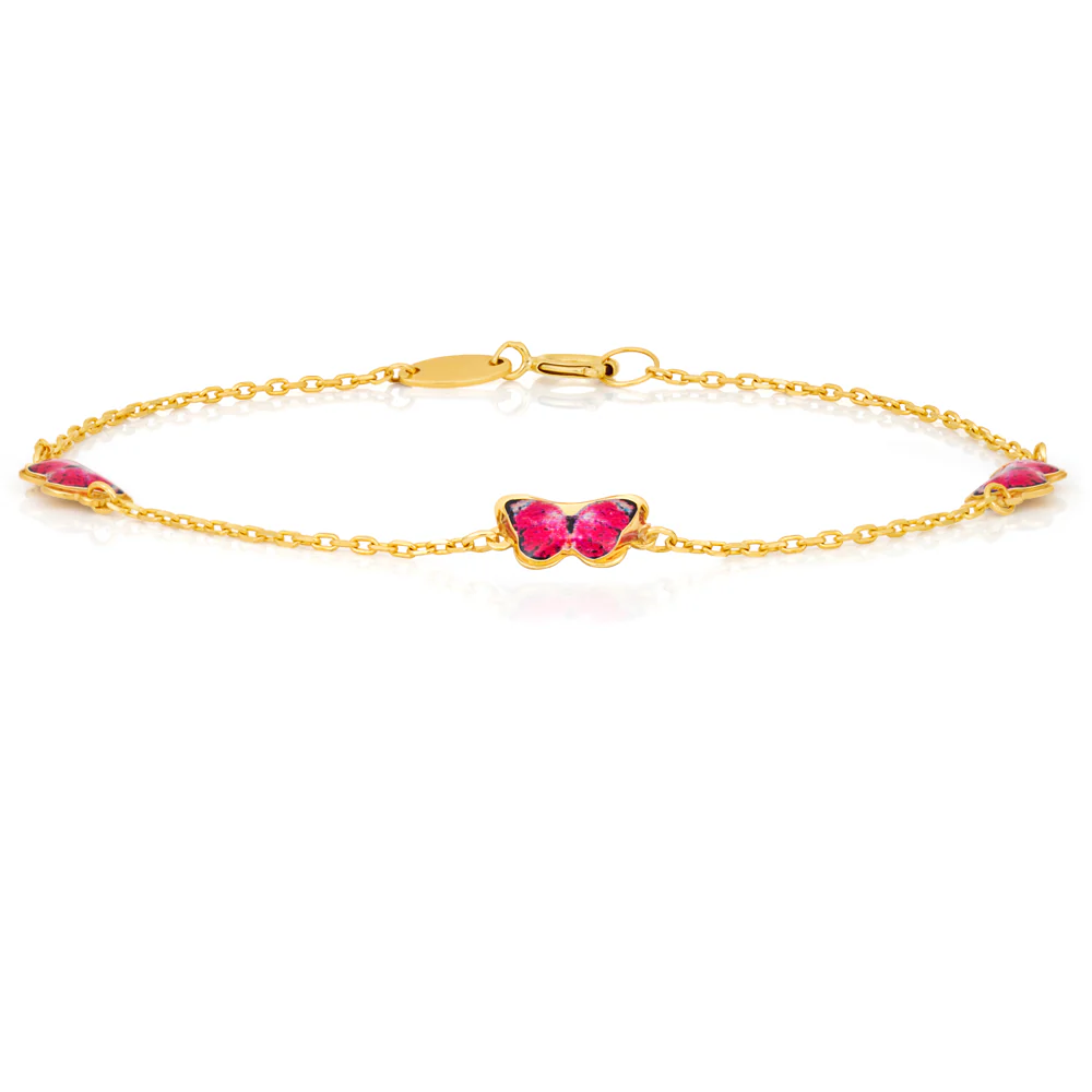 9ct Yellow Gold 16cm Bracelet with 3 Red Enamel Butterflies - Image 2