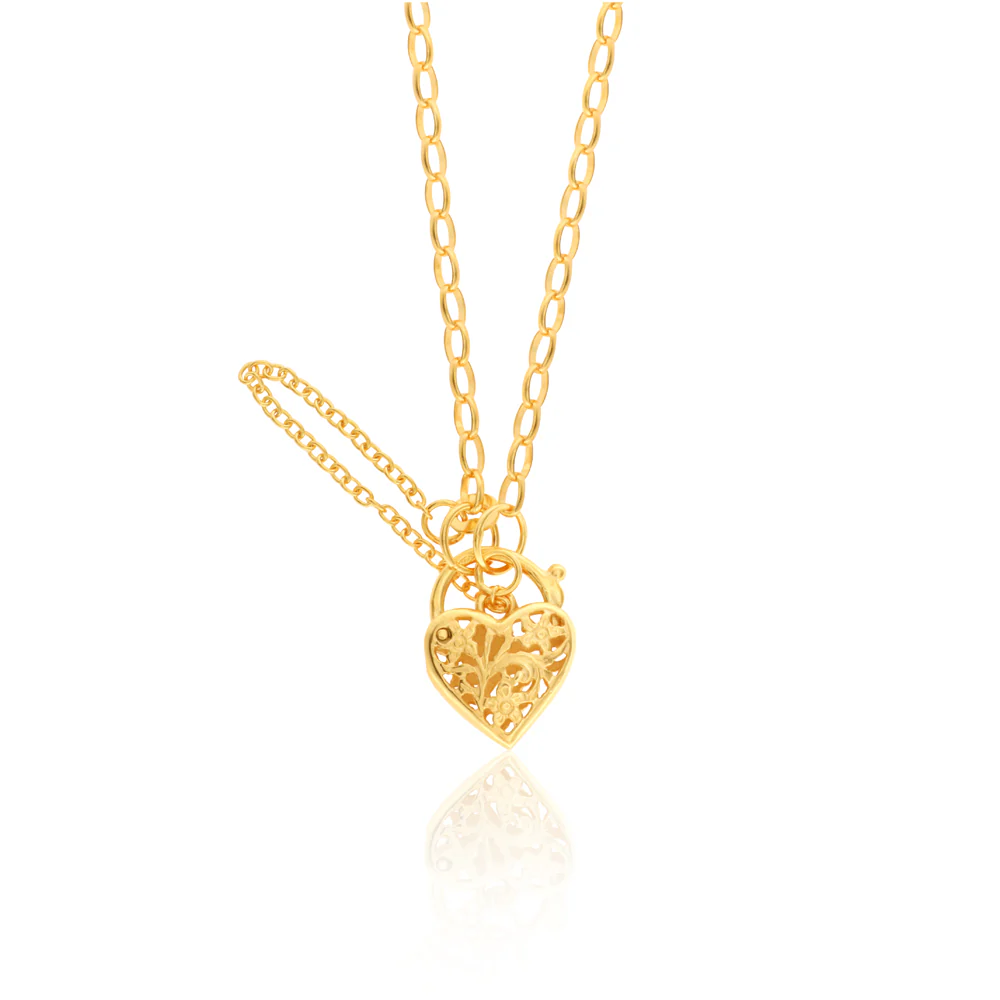 9ct Yellow Gold 19cm Heart Filigree Padlock Bracelet - Image 2